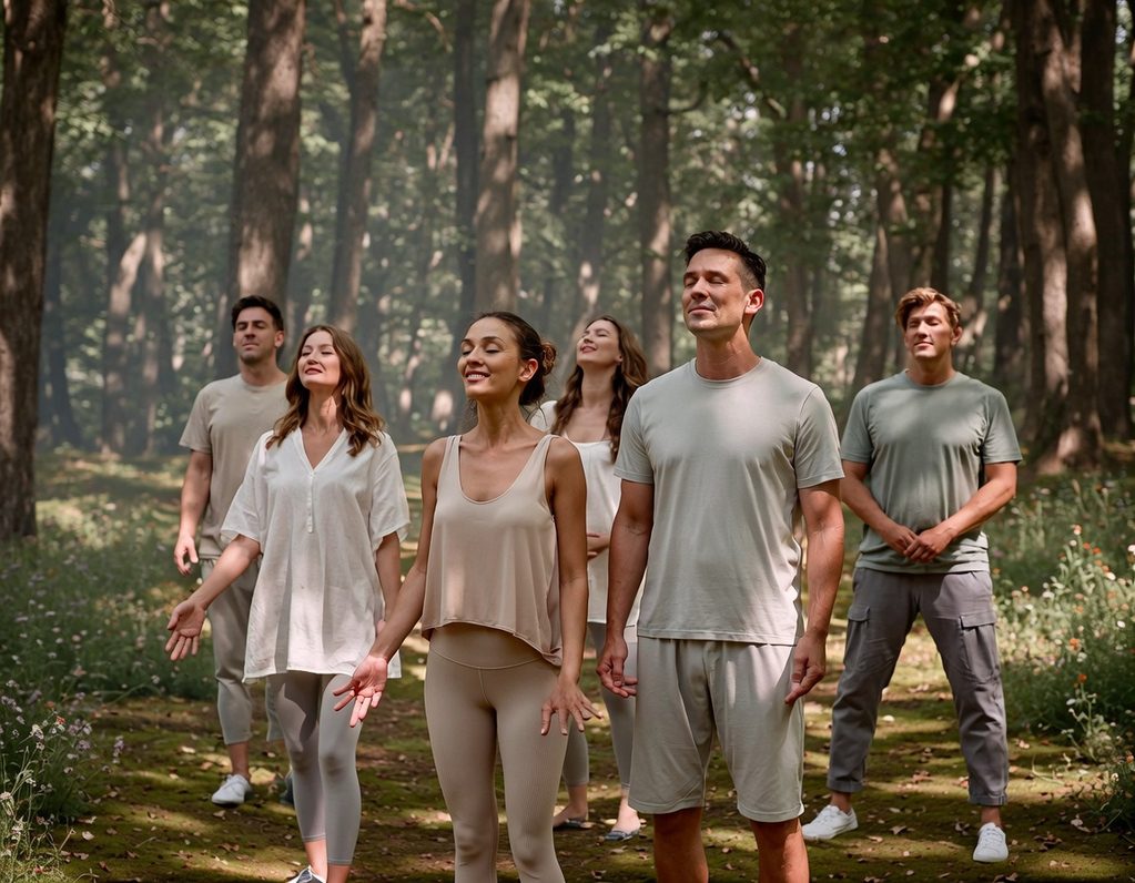 Sechs Menschen stehen in einem Wald und blicken optimistisch nach oben. Mit KI generiert